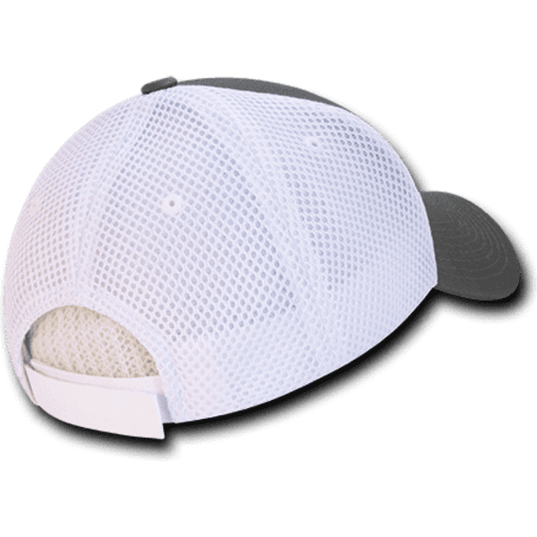 A low crown baseball cap in grey with a white air mesh back and an adjustable strap.