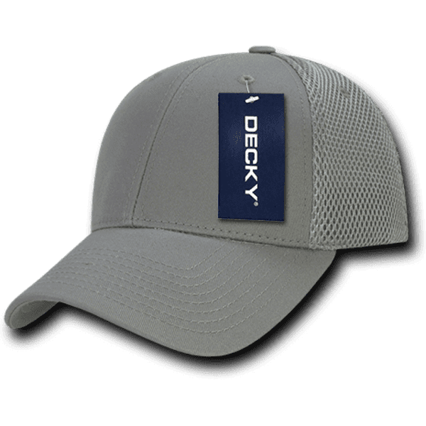 A grey low crown mesh baseball cap with a branded tag. The cap features a solid front and mesh sides.