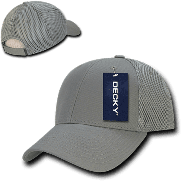A grey low crown air mesh baseball cap featuring a brand tag and a mesh back design.