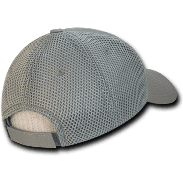 A low crown baseball cap in grey with a mesh design and an adjustable strap at the back.