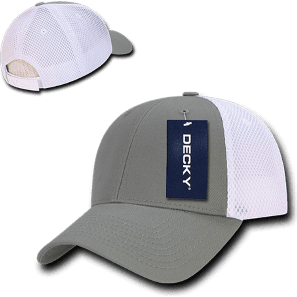 A grey and white low crown air mesh baseball cap with a logo and a hanging tag.