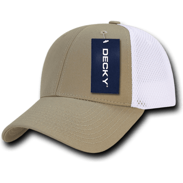 A khaki low crown mesh baseball cap with a white mesh panel and a tag featuring a logo.