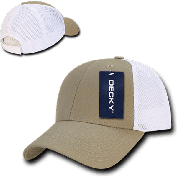 A low crown baseball cap featuring a khaki front and white mesh panels, with a logo tag attached.