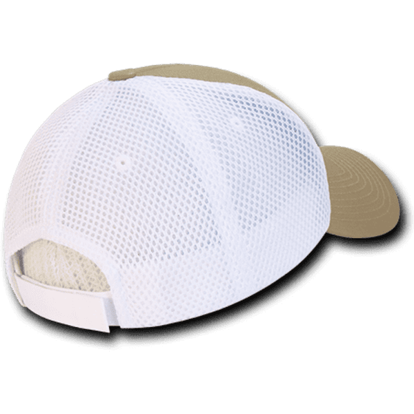 A low crown baseball cap featuring a white air mesh design and a beige front panel, complete with a logo.