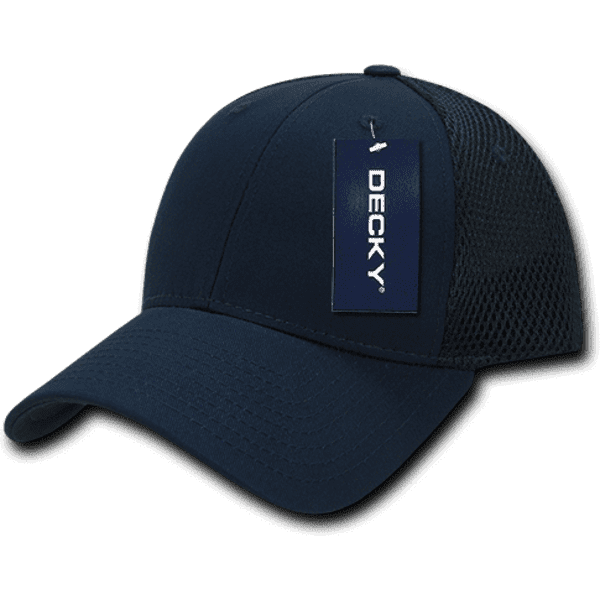 A navy blue low crown mesh baseball cap featuring a branded tag.