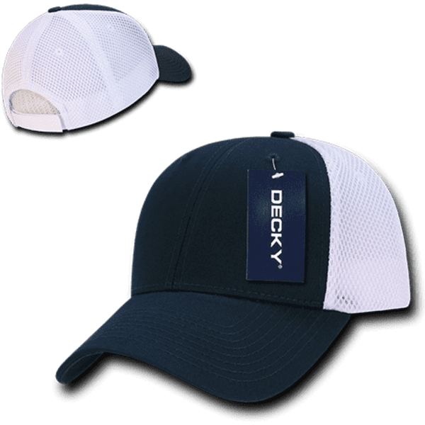A navy and white low crown air mesh baseball cap with a logo on the front panel.