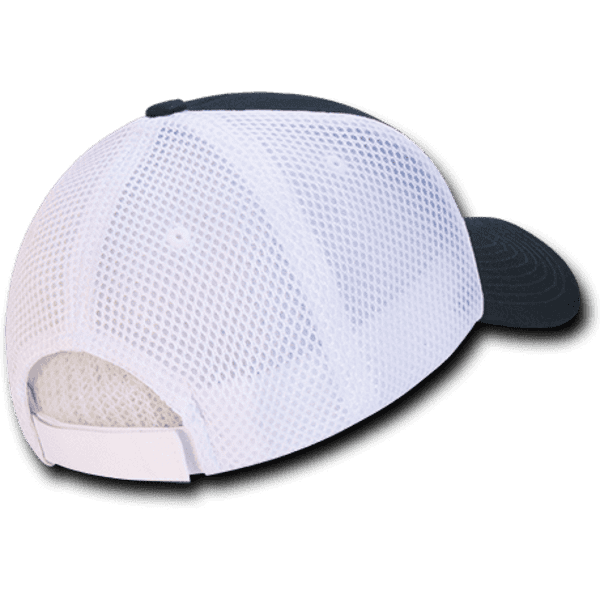 A low crown baseball cap featuring a black brim and white air mesh back, including an adjustable strap.
