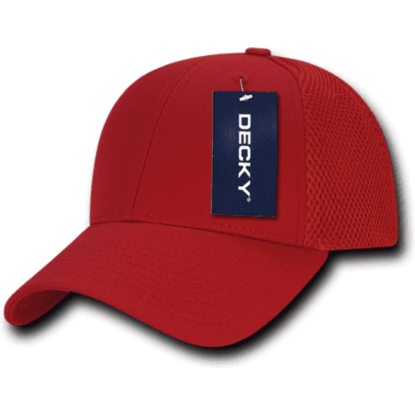 A red low crown mesh baseball cap with a brand tag, featuring a structured front and mesh sides.