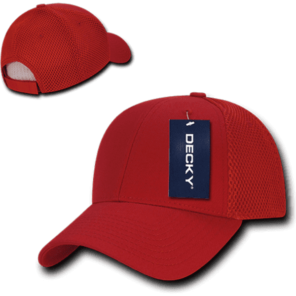 A red low crown air mesh baseball cap featuring a logo and tag, with a curved brim and breathable material.