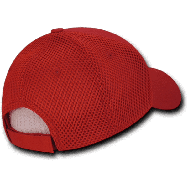 A low crown baseball cap in red, featuring a breathable air mesh design and an adjustable strap at the back.