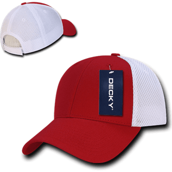 A red and white low crown air mesh baseball cap with a tag and a mesh back for ventilation.