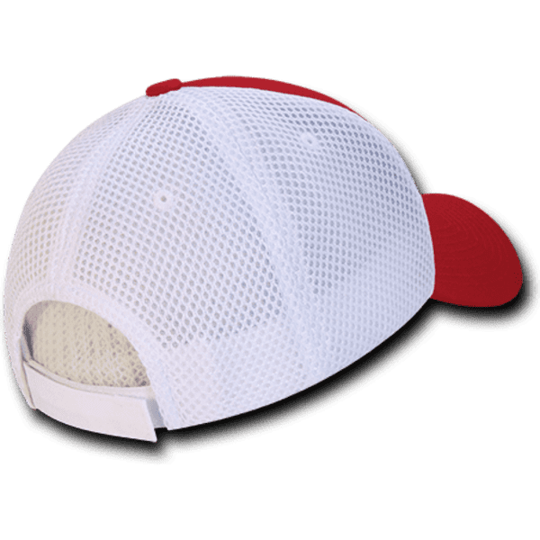 A red and white low crown air mesh baseball cap with a breathable mesh back and adjustable strap.