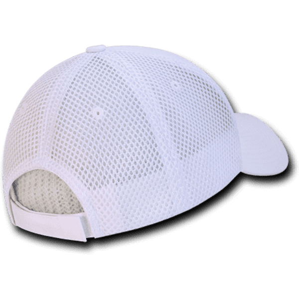 A white low crown air mesh baseball cap featuring a mesh design and an adjustable strap at the back.