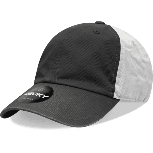 A black and white 6-panel low profile relaxed dad hat, featuring a logo on the front.