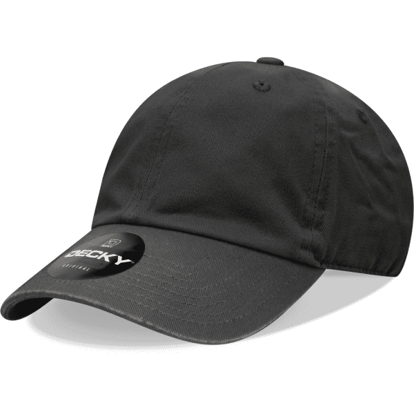 A black 6 panel low profile cotton dad hat featuring a logo on the front.