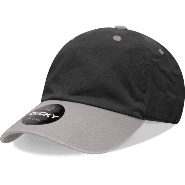 A black and grey 6 panel low pro cotton dad hat featuring a logo on the front.