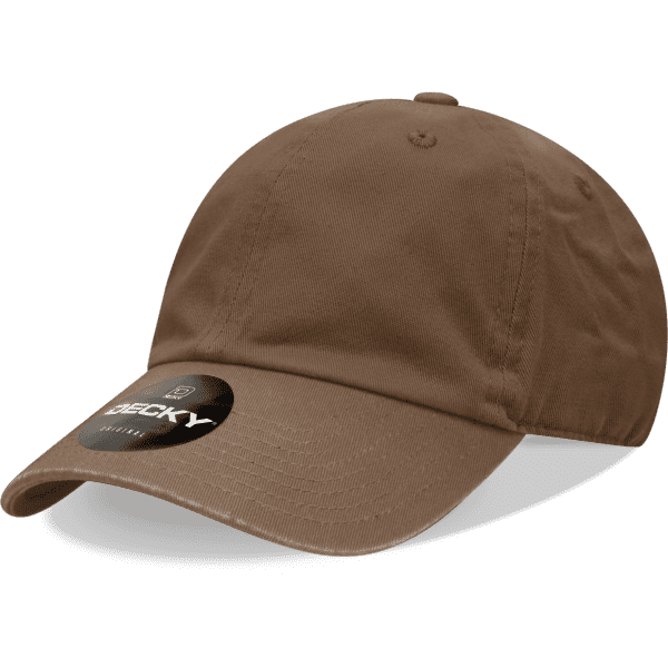 A brown 6 panel low profile cotton dad hat with a curved brim and an attached logo.