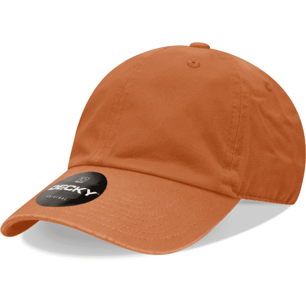 An orange 6-panel low profile cotton dad hat with a brand logo on the front.