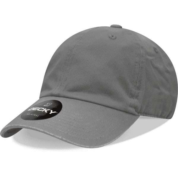 A dark grey 6 panel low profile cotton dad hat with a rounded crown and a curved brim, featuring a logo.