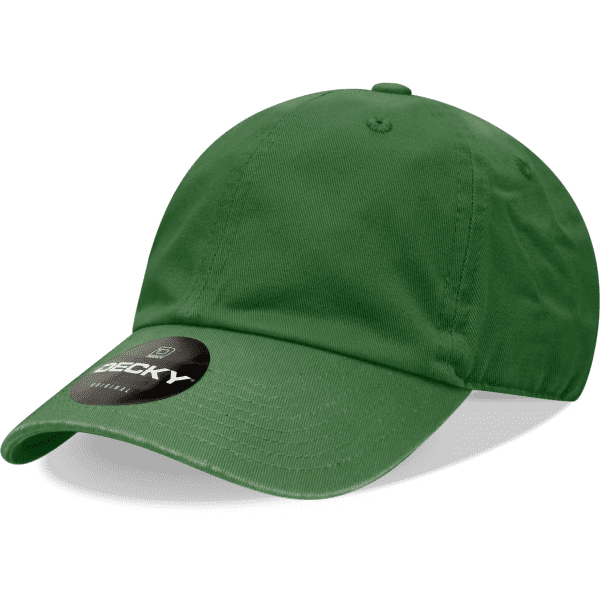 A green six-panel low profile cotton dad hat featuring a logo on the side.