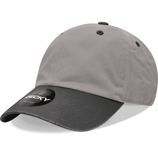 A grey six-panel low-profile cotton dad hat with a black brim and logo.