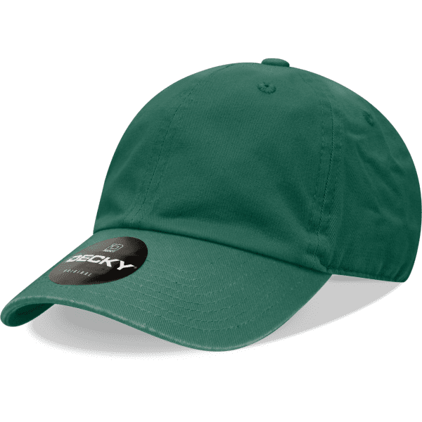 A green 6 panel low pro cotton dad hat with a logo on the front.