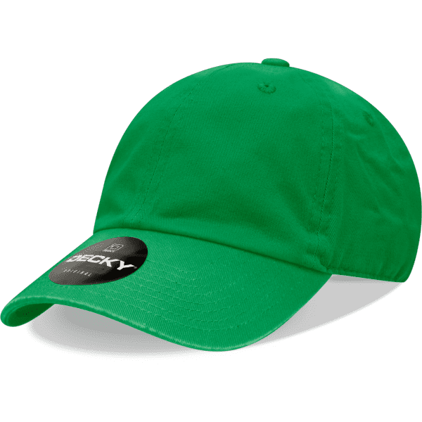 A green 6 panel low pro cotton dad hat with a branded tag on the front.