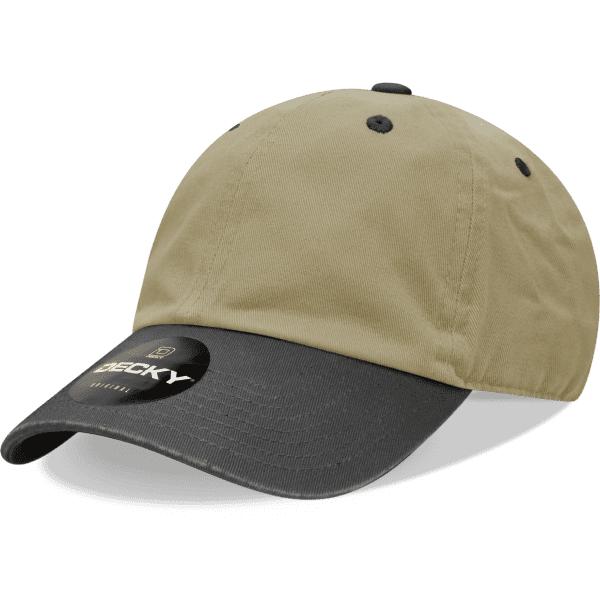 A khaki and black six-panel low-profile cotton dad hat featuring a logo on the front.