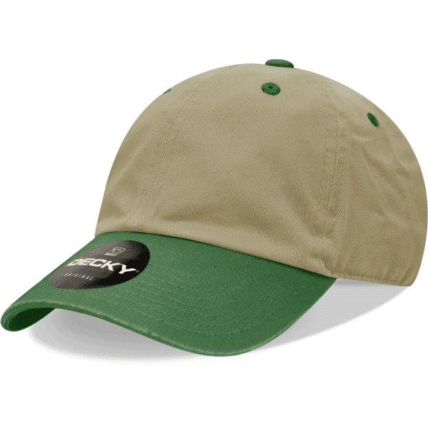 A khaki and green 6 panel low profile cotton dad hat with a logo on the front.