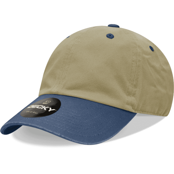 A low-profile, six-panel cotton dad hat in khaki with a navy peak and a logo on the front.