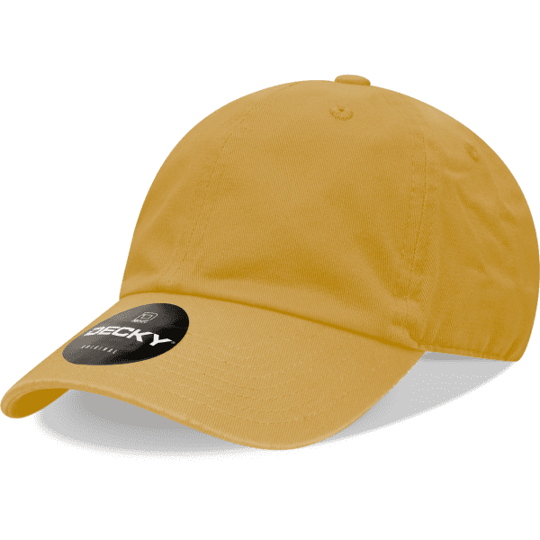 A yellow 6-panel low profile cotton dad hat with a branded logo. 