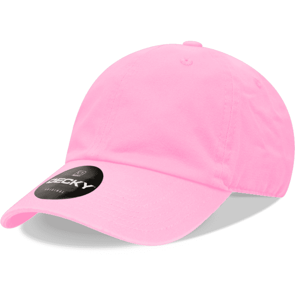 A pink 6 panel low profile cotton dad hat with a logo on the front.