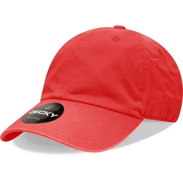 A red six-panel low profile cotton dad hat with a branding logo on the side.