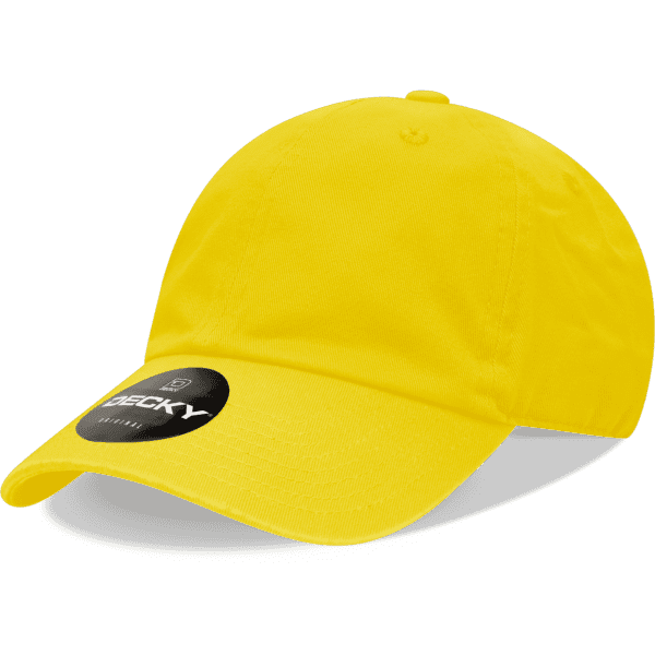 A bright yellow six-panel low-profile cotton dad hat with a branded logo on the side.