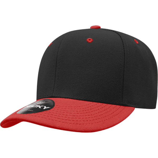 A black cap with a red peak and red accents, featuring a logo on the side.