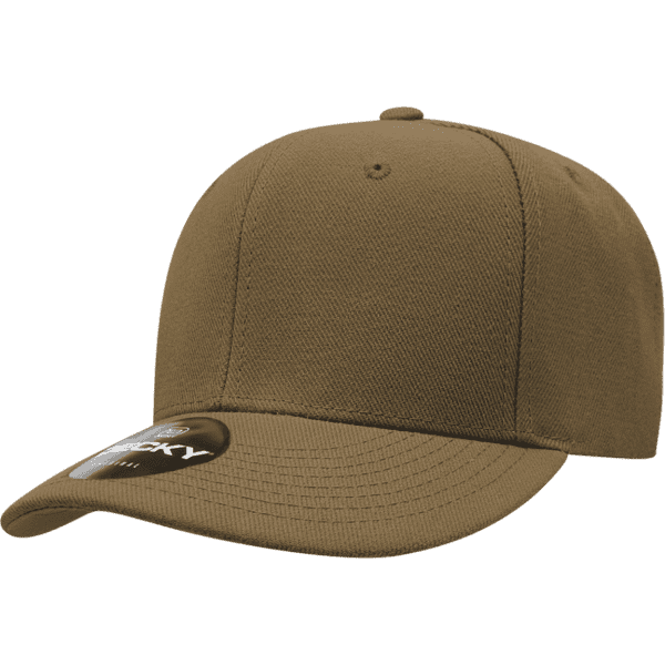A brown six-panel low profile cap with a logo on the front.