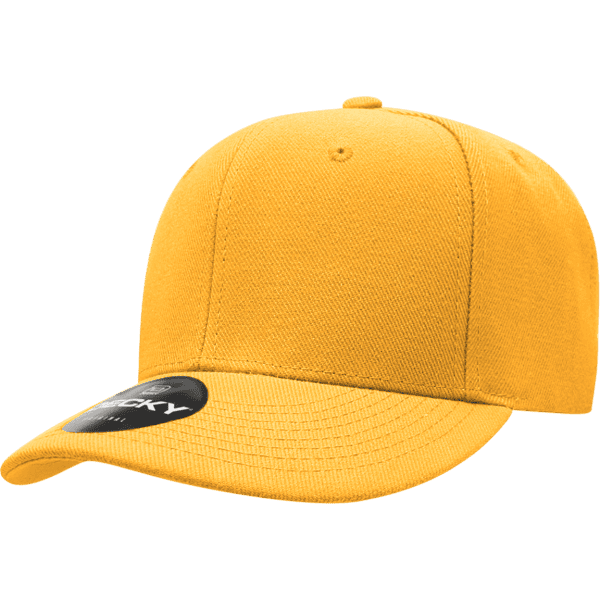 A yellow six-panel low-profile cap featuring a rounded brim and a logo on the side.