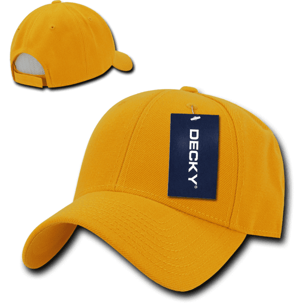 A bright yellow 6 Panel Low Profile Structured Cap with a curved brim and a tag attached. Features a logo.