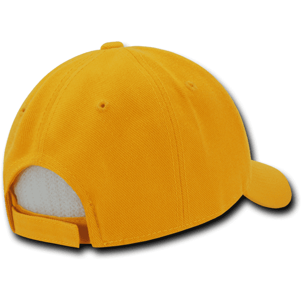 A yellow, low-profile structured cap featuring a rear adjustable strap and a mesh panel at the back.