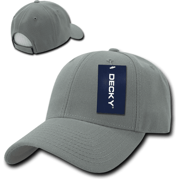 A grey 6-panel low-profile structured cap with a logo and a tag attached. Both front and back views are displayed.
