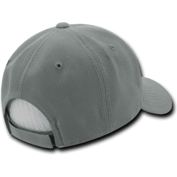 A low-profile six-panel structured cap in grey, featuring a mesh back and an adjustable strap.