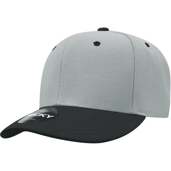A grey cap with a black peak, featuring a logo on the front. It's a six-panel low-profile design.