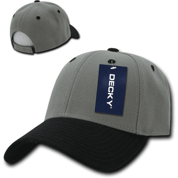 A grey and black 6 panel low profile structured cap with a branded tag and a side view showing the mesh details.