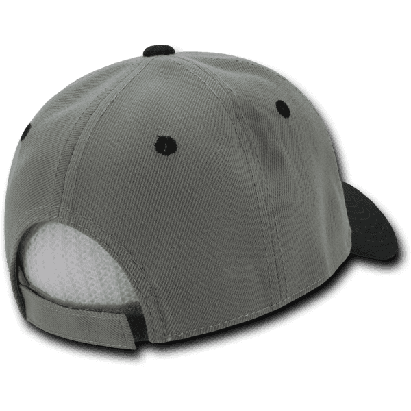 A grey six-panel low profile structured cap featuring black accents and a mesh back.
