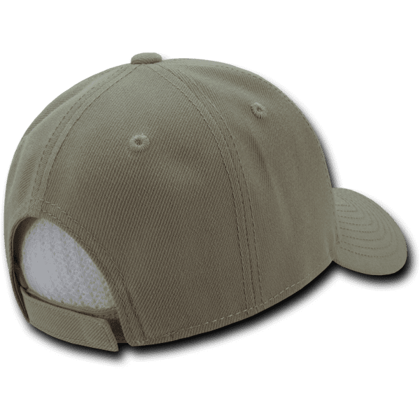 A low-profile structured cap in khaki with a curved brim and an adjustable strap at the back.