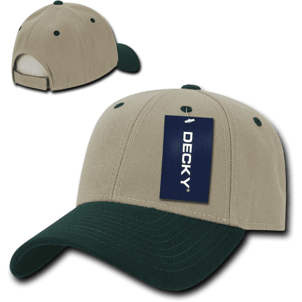 A beige and green 6-panel low profile structured cap with a tag and a rear mesh panel.