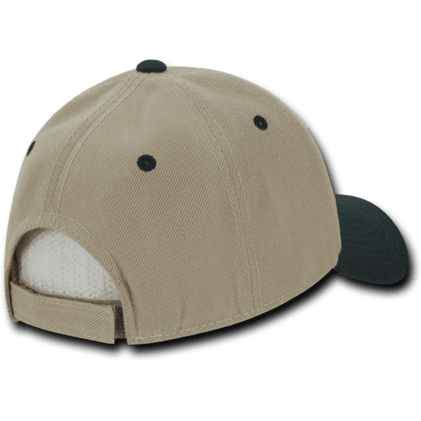 A beige and green six-panel low profile structured cap with a curved brim and a logo on the side.