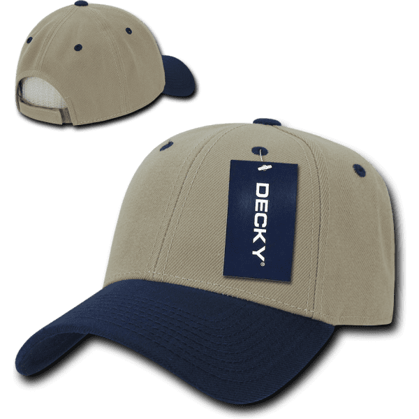 A low-profile structured cap in beige with a navy blue peak, featuring a logo and a tag.