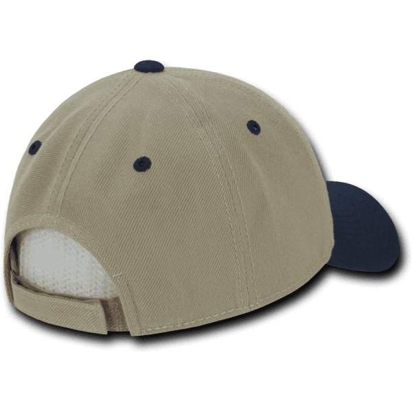 A low profile structured cap in beige and navy with a logo, featuring a curved peak and adjustable strap at the back.