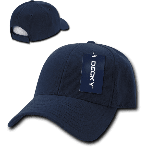 A navy blue 6 panel low profile structured cap with a logo and a tag attached.
